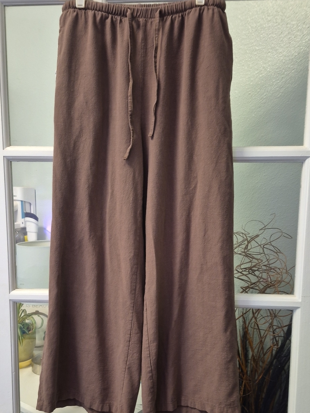 Linen Look Wide Leg Drawstring Pants - Brown